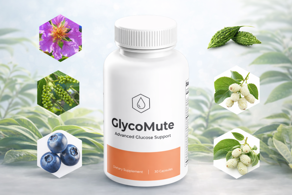 GlycoMute dietary supplement bottle with key plant-based ingredients used for metabolic and glucose support