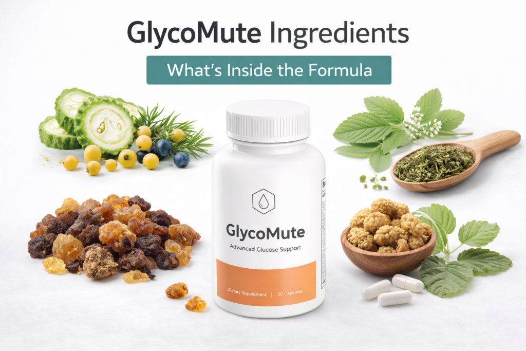 GlycoMute dietary supplement bottle shown with plant-based ingredients used in the formula
