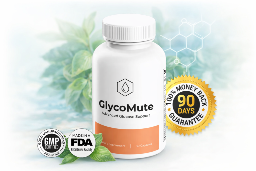 GlycoMute dietary supplement bottle with quality certifications and 90-day money-back guarantee