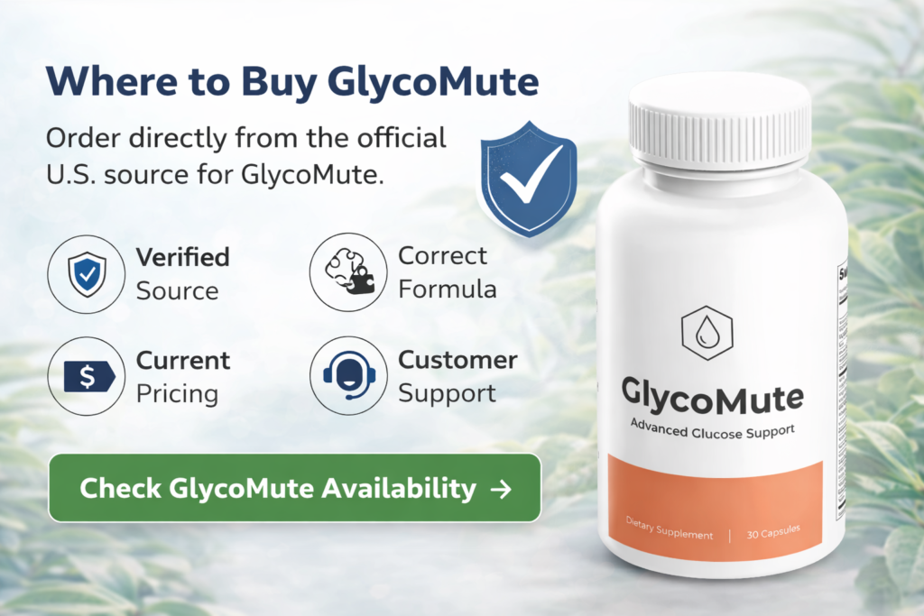 GlycoMute supplement bottle with link to the official website for U.S. orders