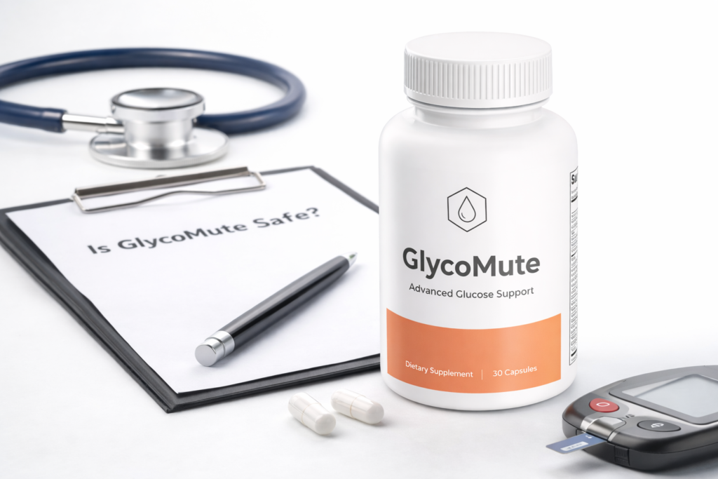 GlycoMute dietary supplement bottle displayed on the safety information page